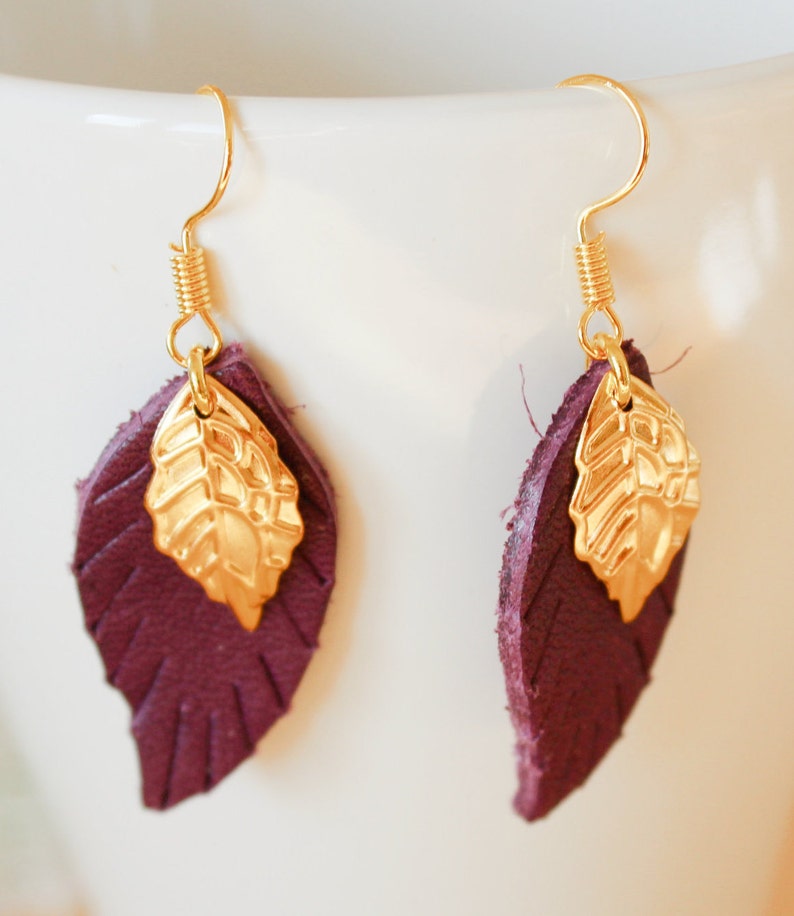 gold elegant dangles Boho earrings,mother/'s day gift dangle earrings tiny feather earrings leather earrings Small leaf leather earrings
