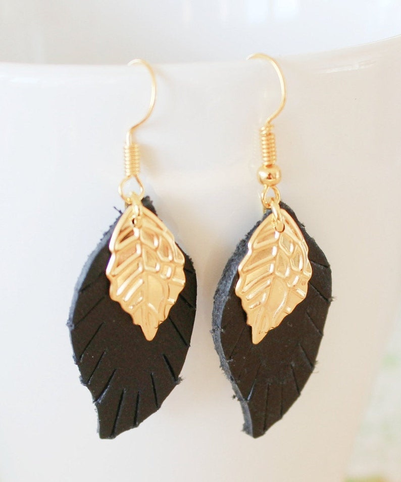 gold elegant dangles Boho earrings,mother/'s day gift dangle earrings tiny feather earrings leather earrings Small leaf leather earrings