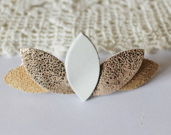 Lotus hair clip, white and gold leather Hair clip ,Small  French Barrette,jewelry, Hair Accessories, gift for elegant woman,Christmas gift,