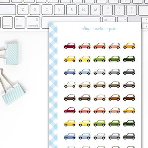 Pegatinas con iconos de coches en colores apagados. 45 pegatinas para planificador.