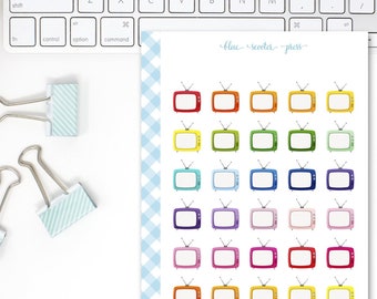 Cute TV Television icon stickers in RAINBOW colors. 35 Planner Stickers.