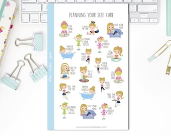 Planning for Self Care Stickers. Light Skin and Blonde Hair Girl. 19 Planner Stickers for Erin Condren, Happy Planner, Simplified Planner.