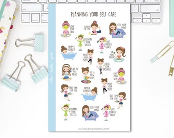 Planning for Self Care Stickers. Light Skin and Brunette Girl. 19 Planner Stickers for Erin Condren, Happy Planner, Simplified Planner.