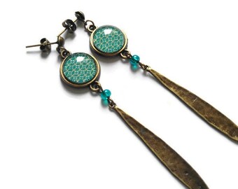 Boucles D'oreilles Pendantes Fée Ange Gothique - Bronze Et Verre Bleu - 18x25mm