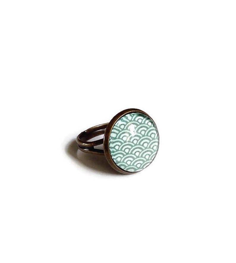 earthy Japan Small bronze ring wave Japanese blue green the fairy carabochon glass cabochon