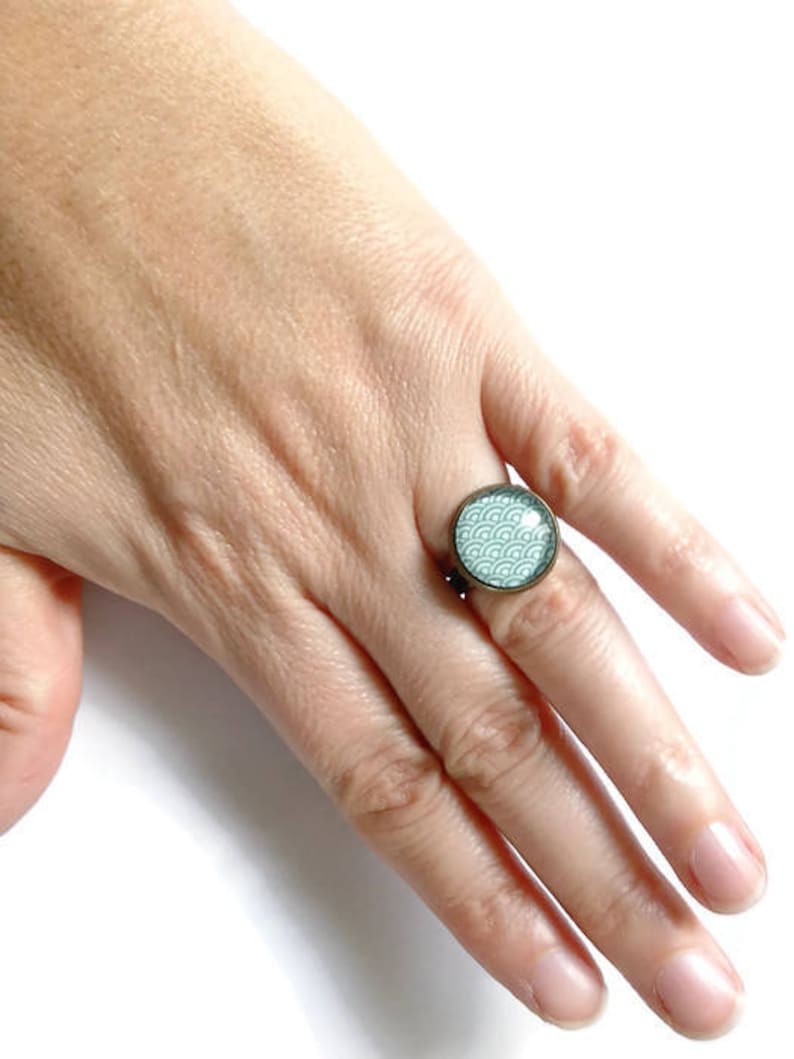 earthy Japan Small bronze ring wave Japanese blue green the fairy carabochon glass cabochon