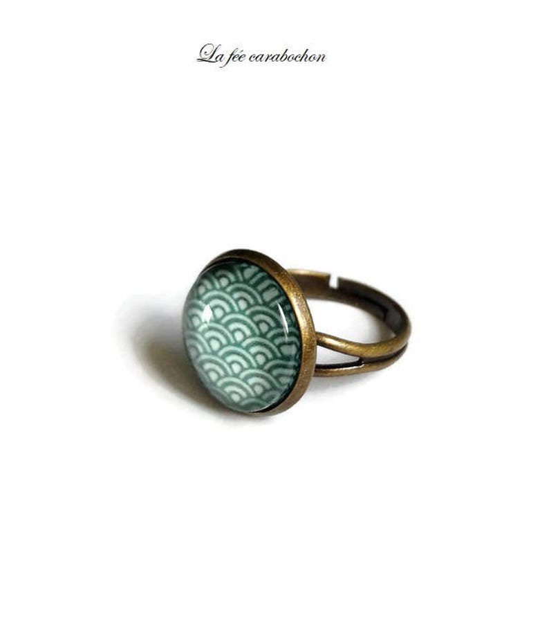 earthy Japan Small bronze ring wave Japanese blue green the fairy carabochon glass cabochon