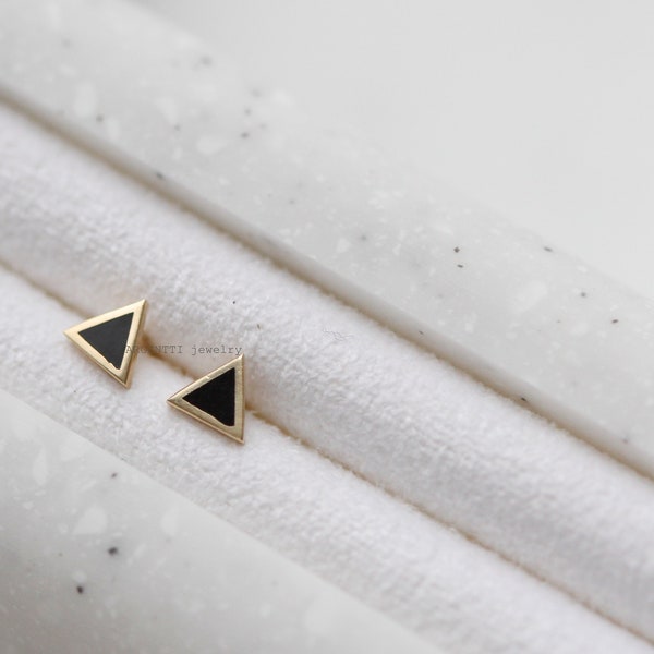 Delicate 14K Solid Gold Black Triangle,Gift For Her,For Mom,Hypoallergenic Earrings,Tiny gold earring