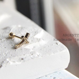 14K Gold Curve Shaped Pave Screw Back Earrings,Outer Conch,For Her,For Mom,Dainty Stud,Tiny earring,Helix Piercing,Jewelry Earrings