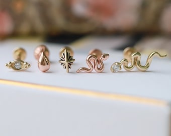 Super Tiny 18 gauge Flat Back Labret Internally threaded,Delicate Gold Labret Piercing,Helix Piercing,Cartilage,Tragus Piercing