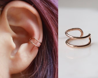 14k Solid Gold Two Rings Ear Cuff,Simple gold ear cuff no piercing,Single earring,Minimalist jewelry,Hypoallergenic Earrings