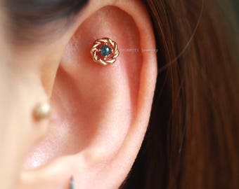Delicado diamante natural de círculo trenzado en oro macizo de 14 quilates, piercing redondo de oro, pendientes hipoalergénicos, pequeños pendientes de oro, piercing de hélice, calibre.