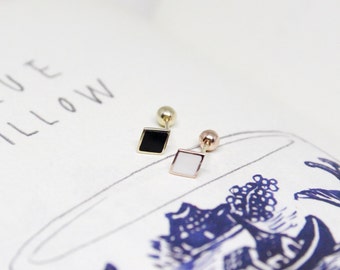 20G Delicate 14K Gold black rhombus Earrings,White rhombus Screw Back Earrings,Dainty Stud,Tiny gold earrings,Helix Piercing,Geometric