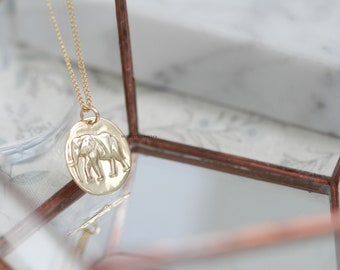 14k solid gold elephant coin charm necklace,14k both sides coin pendant,For girlfriend gift,Coin charm