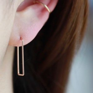 Geometric 14k Solid Gold Hoop Earrings,Skinny earring in 14k yellow gold,Modern Hoop earrings,Open Hoop Earring,Thin solid gold earring,