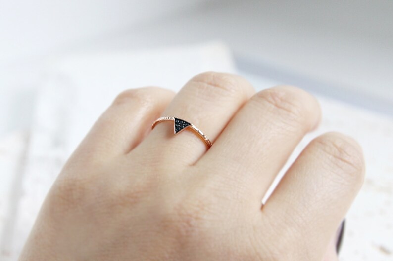 Thin Gold ring,Pavé Triangle Blue diamonds Gold Ring,Rose Gold,14k,Everyday jewelry,Wedding Jewelry,Simple Ring Band,For gift from korea image 1