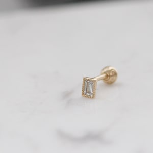 Delicate 14K Solid Gold Baguette Cubic Zirconia Screw Back Earrings,Hypoallergenic Earrings,Tiny Gold Helix Piercing,Gauge,Tragus earring