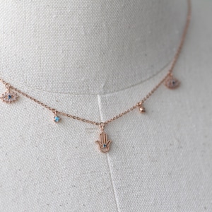 14k solid gold evil eye charm necklace,14k gold delicate hamsa charm necklace,For girlfriend gift,Charm jewelry,