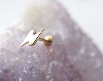 Delicados aretes con cierre de rosca en forma de rayo de oro macizo de 14 quilates, hipoalergénicos, pequeños aretes de oro, piercings para hélice, dilatadores y tapones.