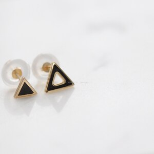 Delicate 14K Solid Gold Unbalance Black Triangle,Gift For Her,For Mom,Hypoallergenic Earrings,Tiny gold earring