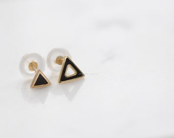 Delicate 14K Solid Gold Unbalance Black Triangle,Gift For Her,For Mom,Hypoallergenic Earrings,Tiny gold earring