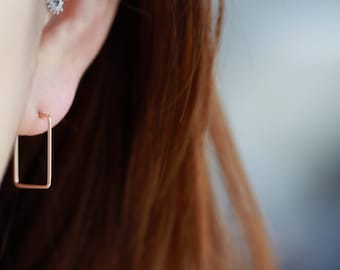 Geometric 14k Solid Gold Square Hoop Earrings,Skinny earring in 14k gold,Modern Hoop earrings,Open Hoop Earring,Thin solid gold earring,