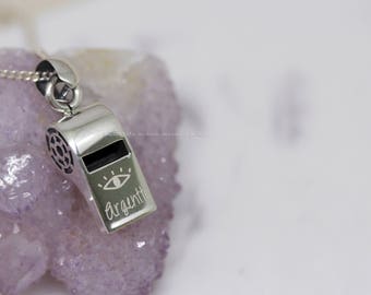 925 Sterling silver safety evil Eye whistle necklace,Sterling silver personalized whistle necklace,Customized 925 silver jewelry