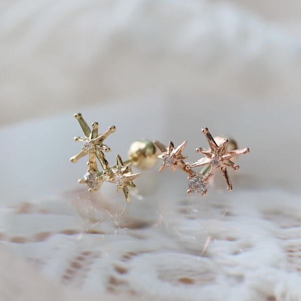 20G Dalicte Starburst Solid Gold Piercing ,CZ Crystals,Dainty and Delicate Earrings,Helix Piercing,Cartilage