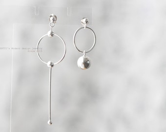 Open Circles Unbalance Earrings C,Geometric Dangle Earrings,Round Stud Earrings,Simple,Modern Silver Jewelry,Flat Circle Earrings,For Her