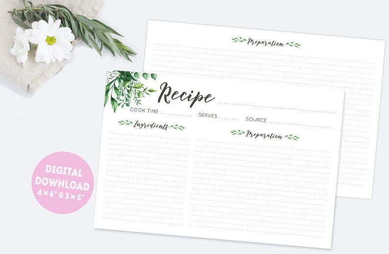 Floral recipe cards printable 3x5 and 4x6 double sided blank image 0