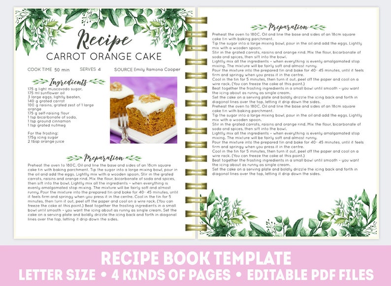 Botanical recipe book template editable PDF cookbook floral image 0