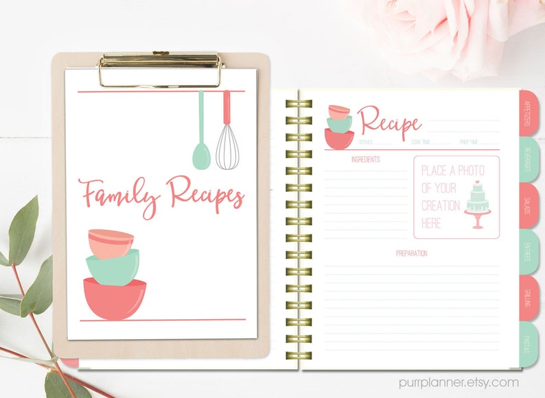 Printable recipe binder kit blank cookbook coral and mint Etsy