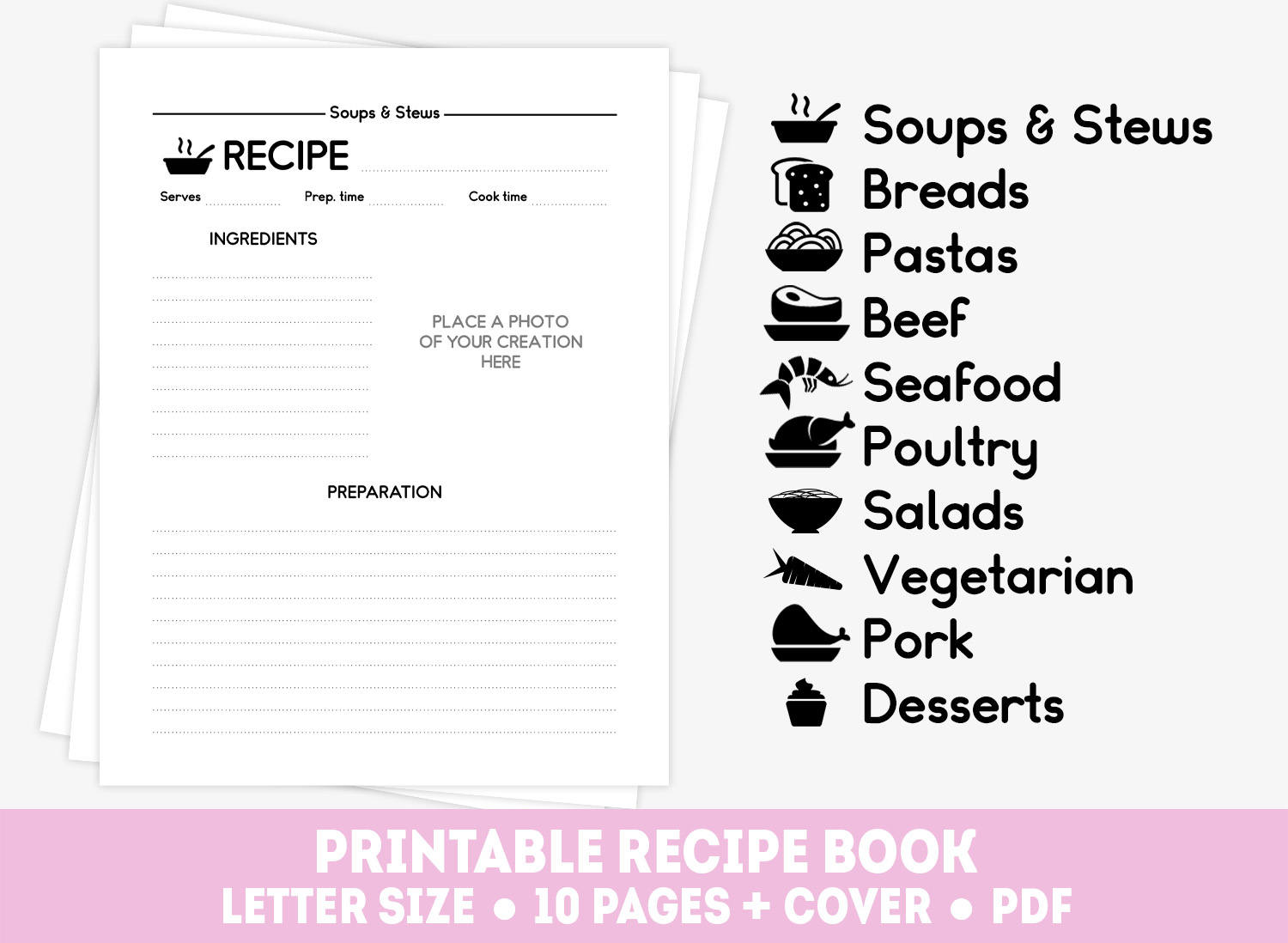 Printable Recipe Binder Kit Recipe Pages Cover Letter Etsy
