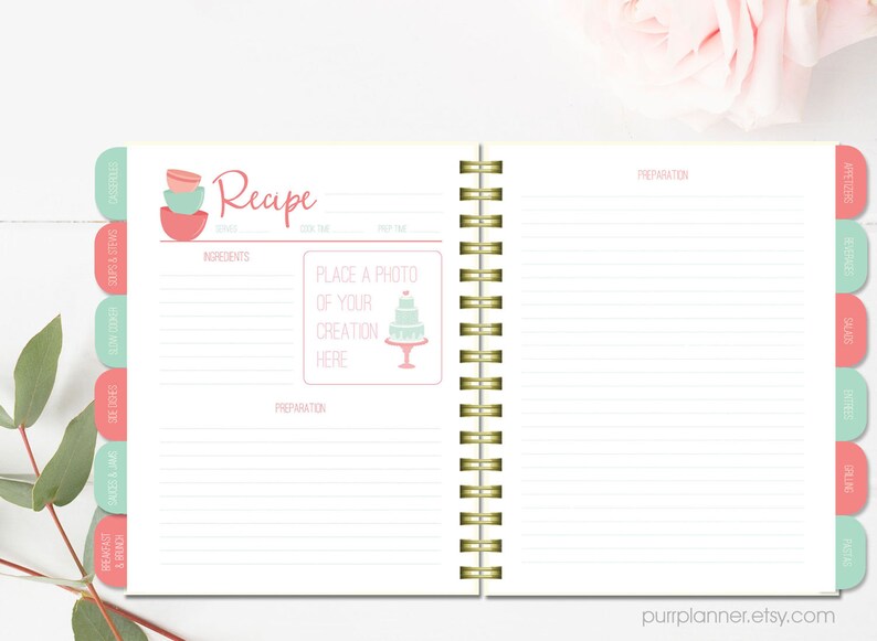 Printable recipe binder kit blank cookbook coral and mint Etsy
