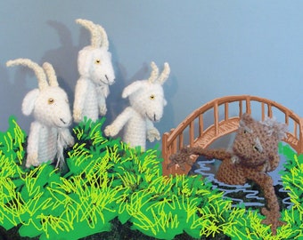 The Billy Goats Gruff and the Troll crochet PATTERN. Three goats, small , medium and large and a very ugly troll.