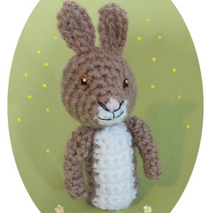 May include: A handmade crochet bunny with brown and white yarn. The bunny has long ears, a pink nose, and embroidered facial features. It is set against a light green background with yellow and pink floral accents, creating a whimsical, handcrafted aesthetic.