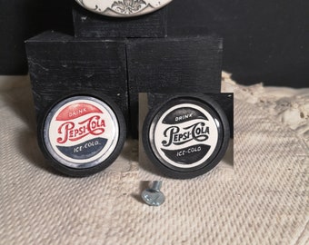 Handcrafted COLA PEPSI furniture inscription button, black or bi-color