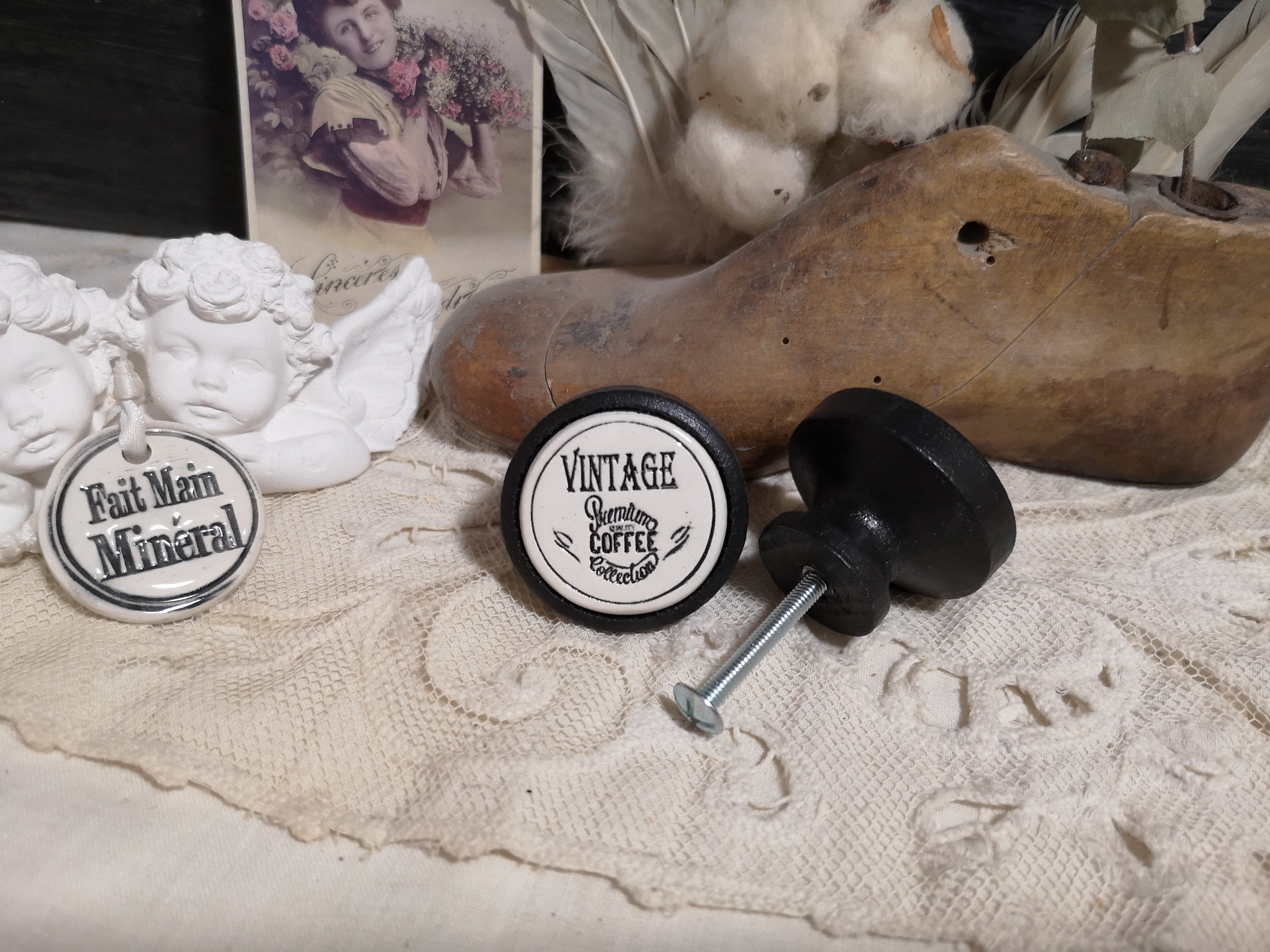 Bouton Meuble Porte Tiroir Bois Céramique Artisanal Personnalisé Vintage Prenium Coffee Collection