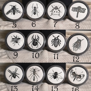 Op de afbeelding: Set van 19 keramische knoppen met verschillende insectenontwerpen. Elke knop is wit met een zwarte insectenillustratie en een grijze rand. De knoppen zijn genummerd van 1 tot en met 19.
