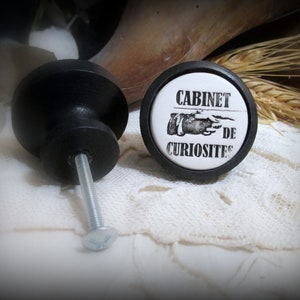 May include: Two black cabinet knobs. One knob has a white circular face with the text "CABINET DE CURIOSITES" in black. The other knob is plain. Both knobs have a screw for mounting. The knobs are on a white lace surface.