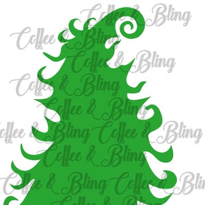 Può includere: Silhouette di un albero di Natale verde con il testo "Coffee & Bling" ripetuto su tutto il design.