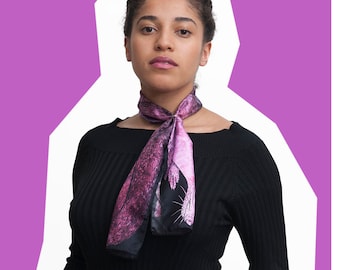 Silk scarf fake collar marten handrawn pink and black
