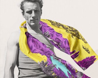 Silk's scarf, rectangular, with spectacular mountains's landscape where men are sleeping, hand-drawn, yellow, purple, made in France