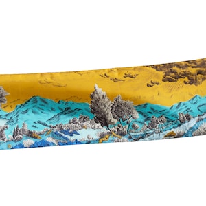 Rectangular silk&#39;s scarf drawing mountains&#39;s landscape yellow gold and blue made in France