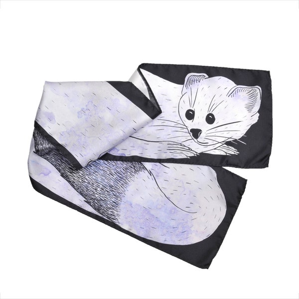 Petit foulard "Hermine" noir et blanc en soie façon col fausse fourrure - COLLECTION FOURRURES