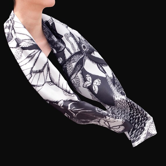 Rectangular Silk Scarf, Mixed Drawn Animals (deer, Rabbit  display picture 1