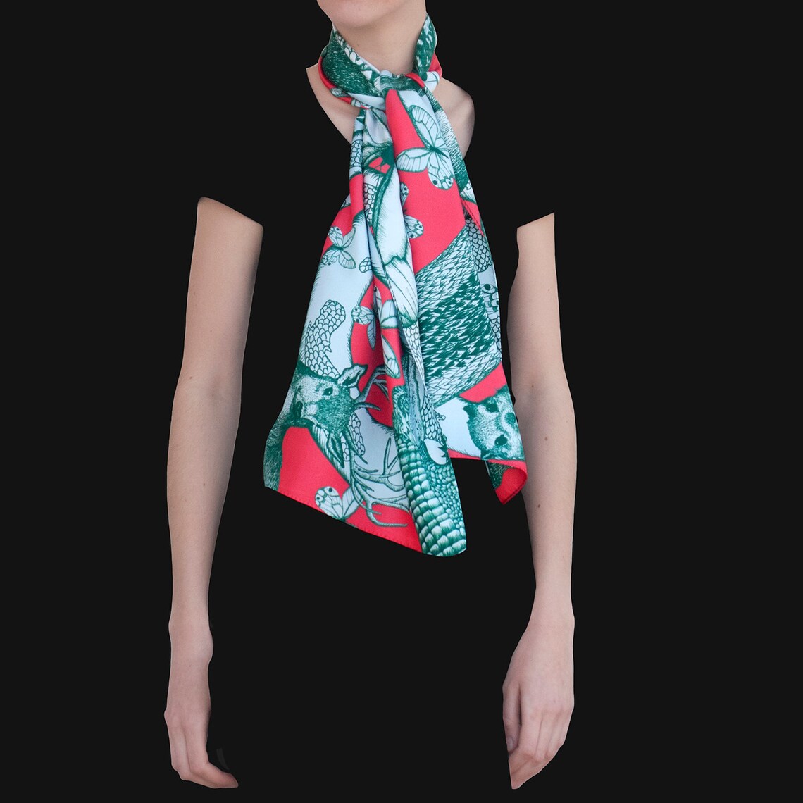 Large green silk scarf geranium pink and pâle rectangular Etsy