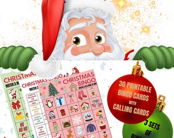 May include: Christmas-themed bingo cards with Santa Claus illustration. The image features three bingo cards with festive icons, two ornament-shaped graphics with text, and a Santa Claus illustration in the background.