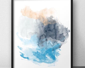 Abstract print with watercolor effect Blue grey beige wall art Minimalist style Pastel colors Modern poster