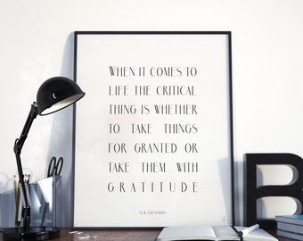 Life and gratitude quote poster Chesterton quote Thanksgiving wall art Thankfulness Black and white print Inspirational art Minimal style